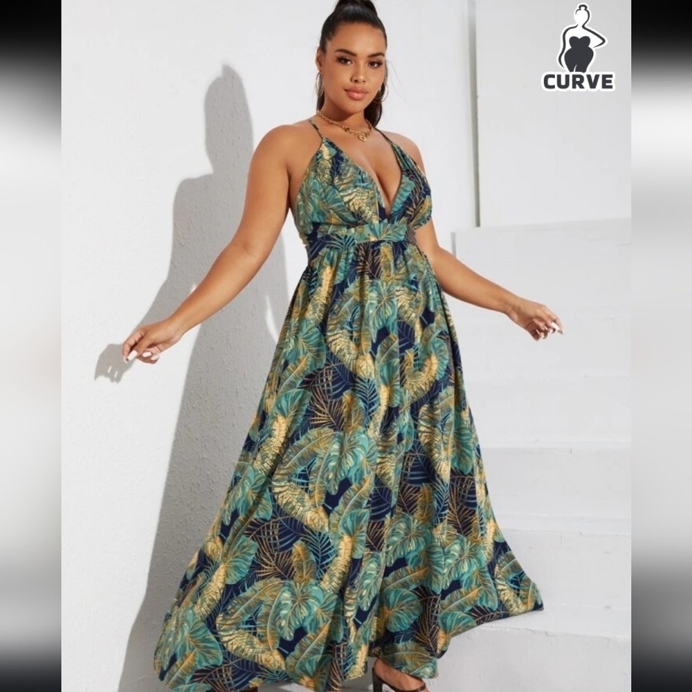 SHEIN Blue and Green Plunge Neck Sleeveless Maxi Sundress Size 1XL - Picture 4 of 15